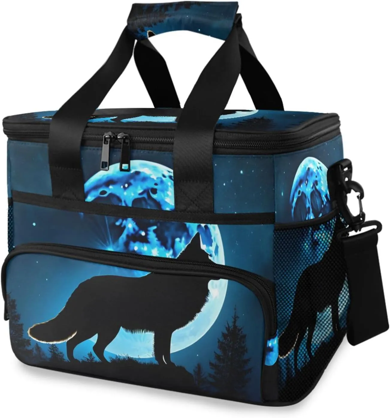 Insulated Cooler Bag 24 Cans Large Capacity Lunch Box-Wolf Moon Shade Print Leak Proof with Shoulder Strap for Camping Picnic