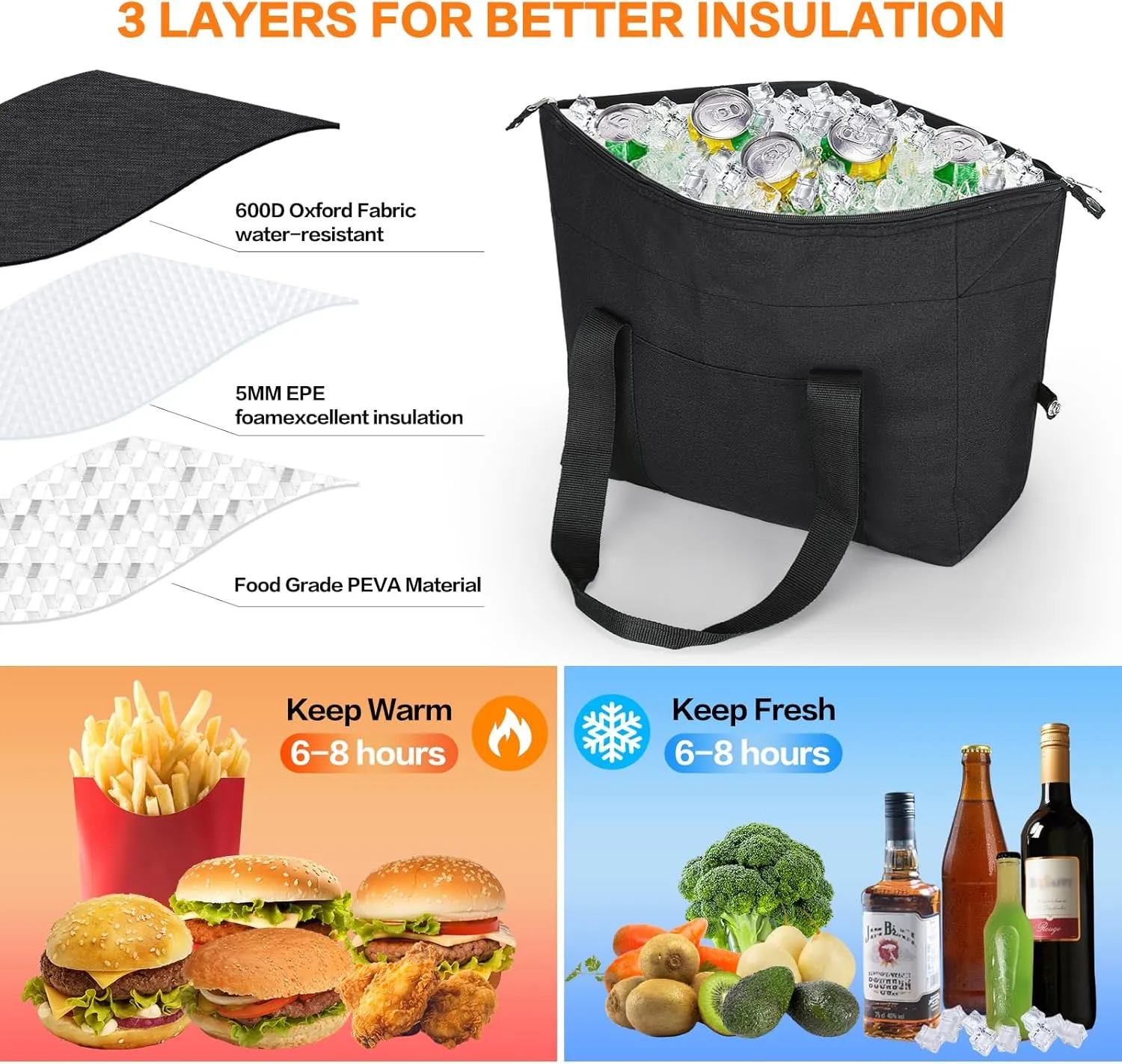 Insulated Cooler Bag - Reusable, Collapsible Cooler Grocery Bag, Thermal Foam Insulation for Hot/Cold Food, Ideal for Delivery, Travel,Beach and Picnics