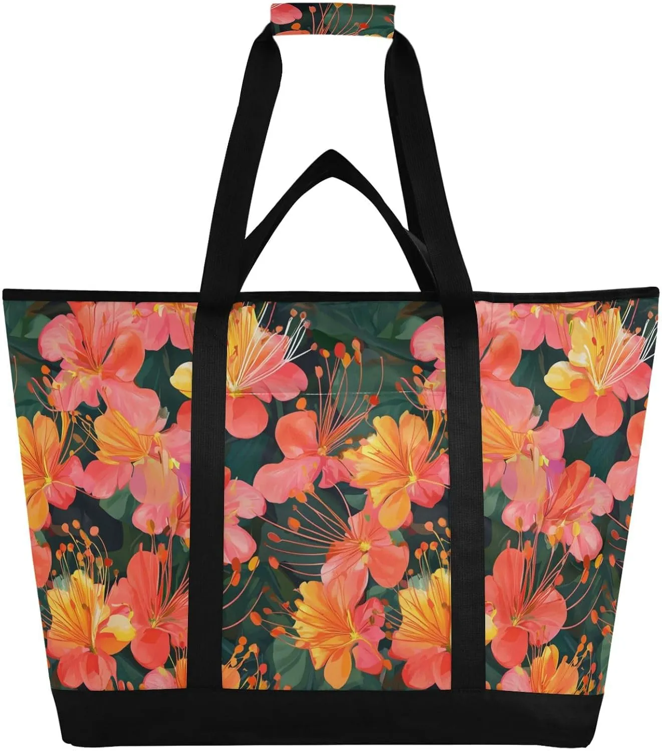 Insulated Cooler Bag with Zipper Keeps Food Hot or Cold Reusable Shopping Bags for Groceries with Zipper for Shopping Food Travel Beach Camping Beauty Flower