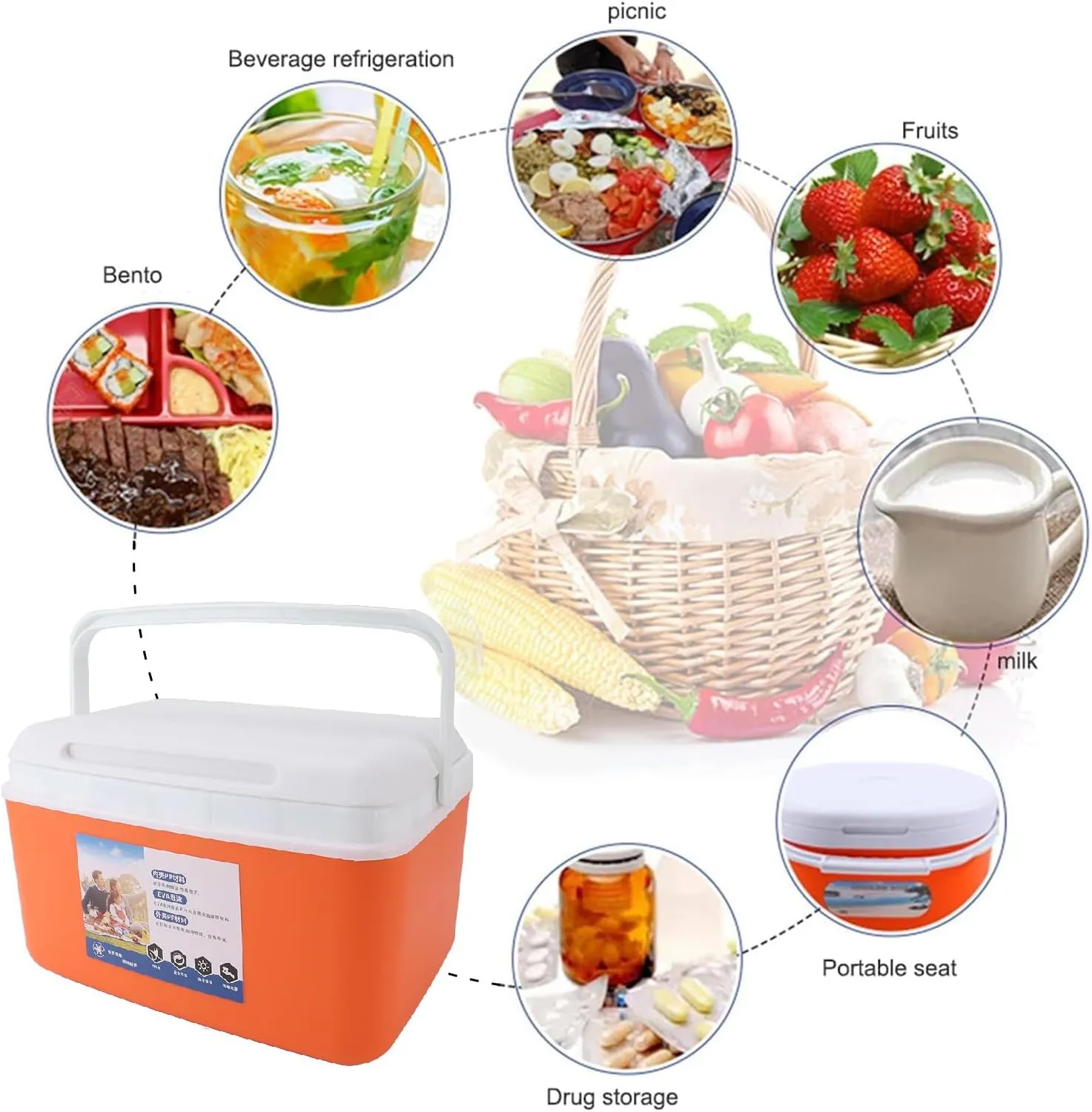 Insulated Cooler Box, Portable Hard Cooler Box, Cooler Lunch Box, Efficient Warm Cold, with Portable Handle, for Food Drink Beverage Beach Camping Picnic Fishing Boat