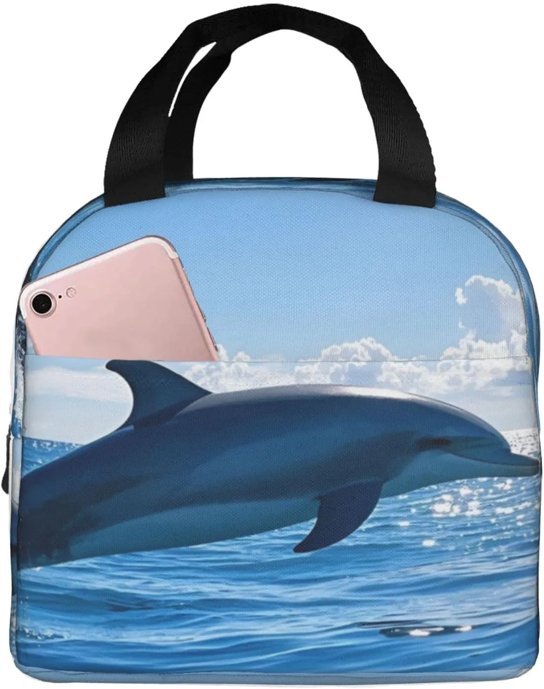 Insulated Lunch Bag for Men Women, Reusable Aluminum Foil Lunch Box, Leakproof Thermal Meal Cooler Shopping Grocery Tote Bag Handbags for Office Work Picnic, Ocean Sea Dolphin Leap Out