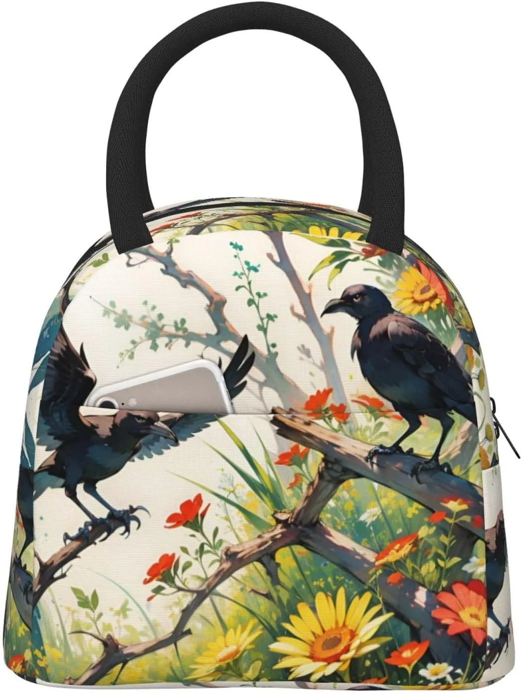 Insulated Lunch Bag for Men Women, Reusable Large Capacity Lunch Box, Leakproof Thermal Meal Cooler Shopping Grocery Tote Bag Handbags for Office Work Picnic, Crow Sunflowers Daisy Flowers