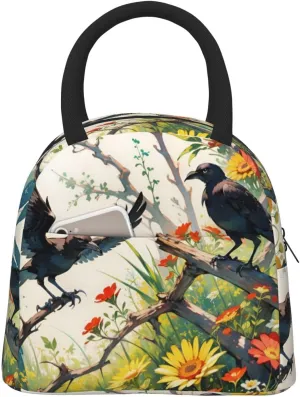 Insulated Lunch Bag for Men Women, Reusable Large Capacity Lunch Box, Leakproof Thermal Meal Cooler Shopping Grocery Tote Bag Handbags for Office Work Picnic, Crow Sunflowers Daisy Flowers