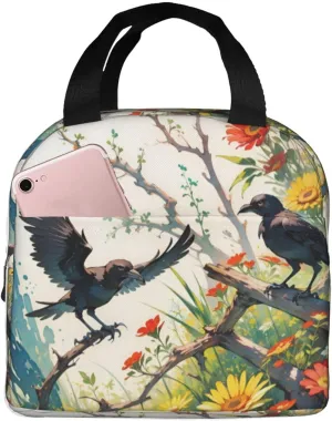 Insulated Lunch Bag for Women Men, Reusable Aluminum Foil Lunch Box, Leakproof Thermal Meal Cooler Shopping Grocery Tote Bag Handbags for Office Work Picnic, Crow Sunflowers Daisy Flowers