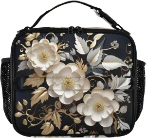 Insulated Lunch Bag Lunch box Cooler Bag for Women Men White Flower Carved Reusable Portable with Shoulder Strap