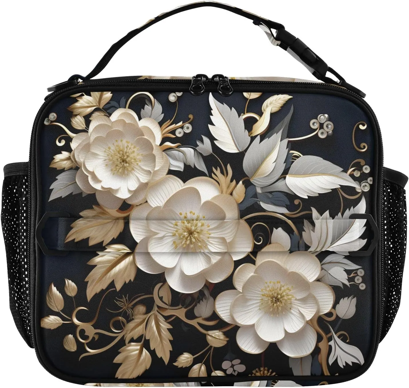 Insulated Lunch Bag Lunch box Cooler Bag for Women Men White Flower Carved Reusable Portable with Shoulder Strap