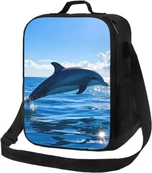 Insulated Lunch Bag with Shoulder Strap, Reusable Lunch Box with Handle, Leakproof Thermal Meal Cooler Travel Tote Shoulder Bag Handbags for Office Work Picnic, Ocean Sea Dolphin Leap Out