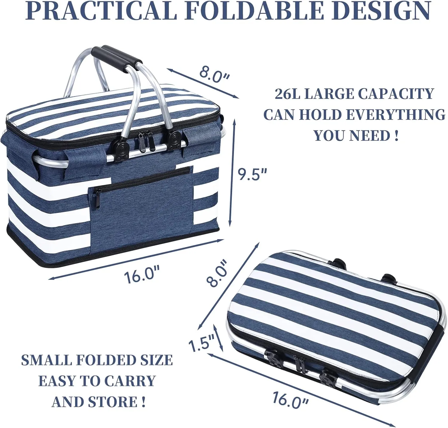 Insulated Picnic Basket,Leak-Proof Collapsible Cooler Bag,26L Grocery Basket with Lid,2 Sturdy Handles,Storage Basket for Picnic,Food Delivery,Take Outs,Market Shopping,Travel (Blue)