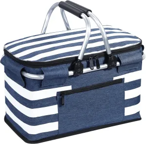 Insulated Picnic Basket,Leak-Proof Collapsible Cooler Bag,26L Grocery Basket with Lid,2 Sturdy Handles,Storage Basket for Picnic,Food Delivery,Take Outs,Market Shopping,Travel (Blue)