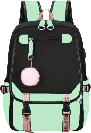 JiaYou Little Girls' School Students Book Bag Outdoor Daypack Backpack with USB Charging Port (Mint Green, 21 Liters)