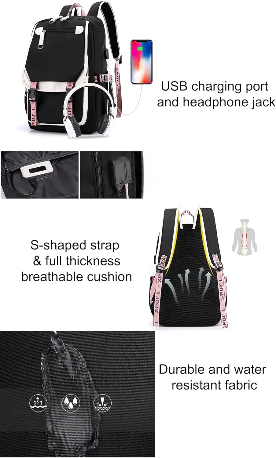 JiaYou Little Girls' School Students Book Bag Outdoor Daypack Backpack with USB Charging Port (Mint Green, 21 Liters)