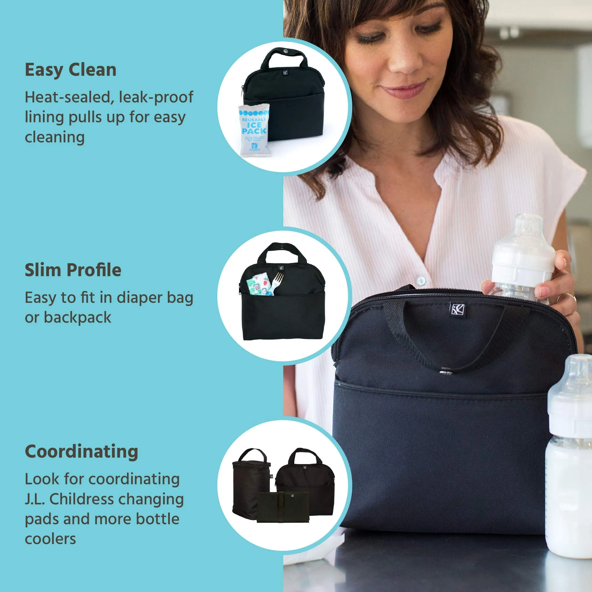 J.L. Childress MaxiCOOL 4 Bottle Breastmilk Cooler, Baby Bottle and Baby Food Bag, Insulated and Leak Proof, Ice Pack Included U1