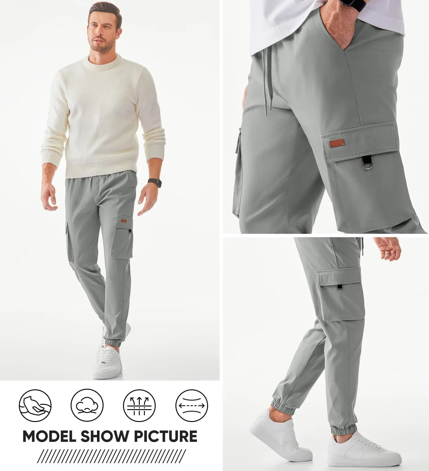 JMIERR Mens Cargo Pants Casual Lightweight Elastic Waist Drawstring Tapered Pant with Pockets