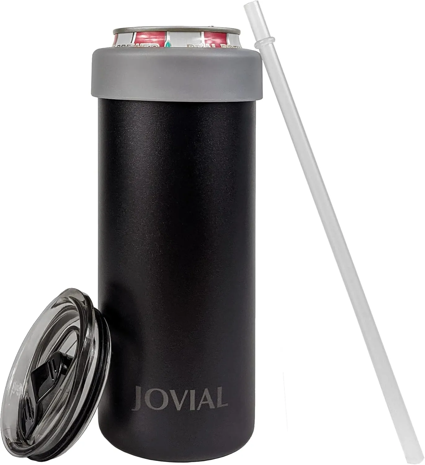 JOVIAL 2 in 1 Stainless Steel Can Cooler Insulated for all 24&25 Oz Cans, Beer Can Cooler,seltzer can coozie, Can insulator,and Work As A Iced Coffee Cup With Lid and Straw (Black)