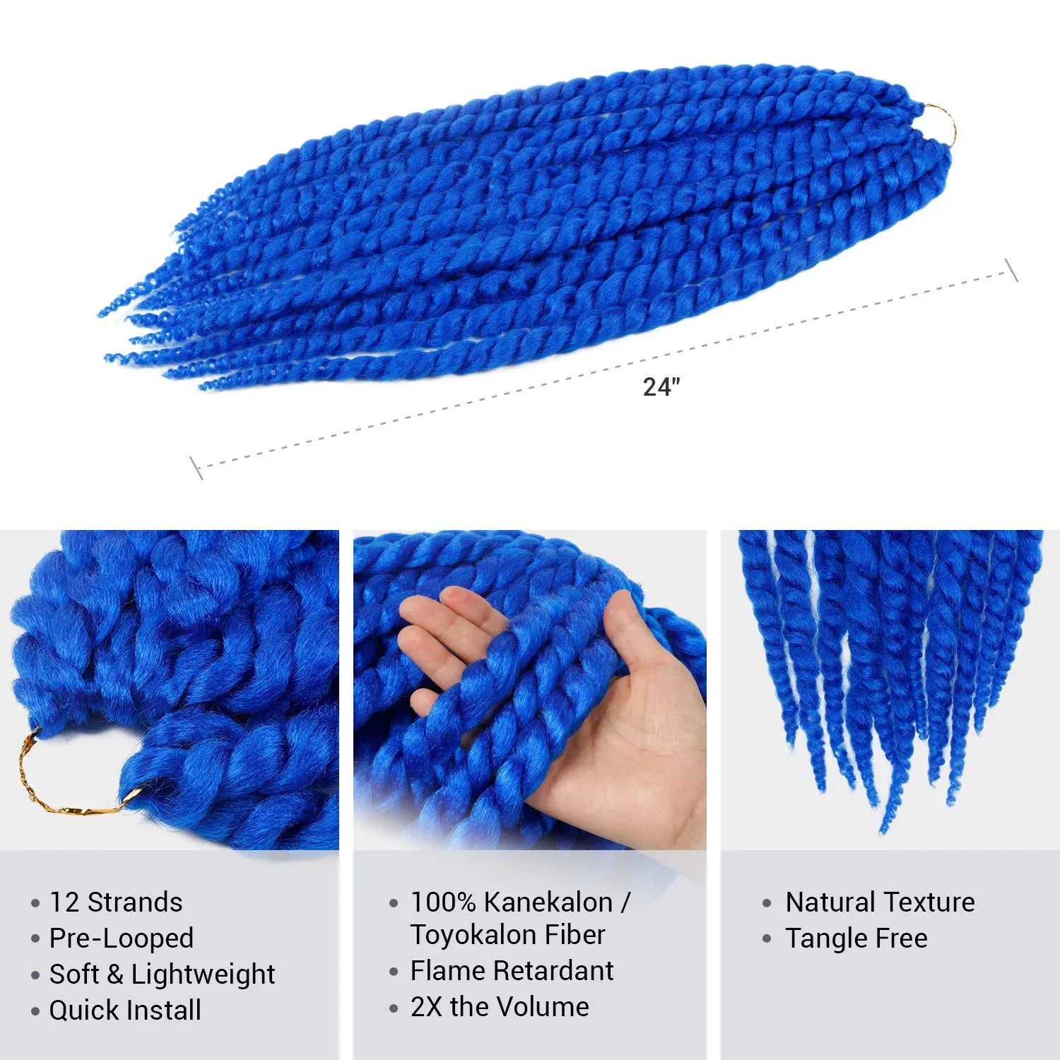 Jumbo Senegalese Twist Crochet Hair, 24 Inch, 4 Pack, Synthetic Extensions for Havana and Mambo Twist Styles, (Blue)