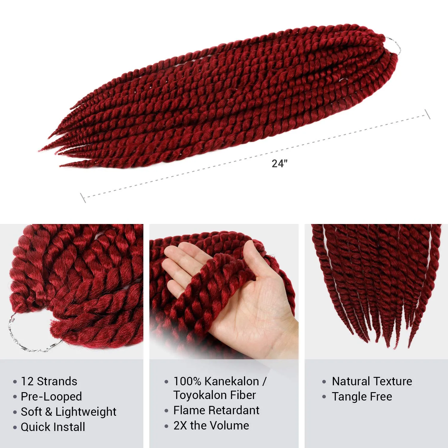 Jumbo Senegalese Twist Crochet Hair, 24 Inch, 4 Pack, Synthetic Extensions for Havana and Mambo Twist Styles, (BURG, Burgundy)