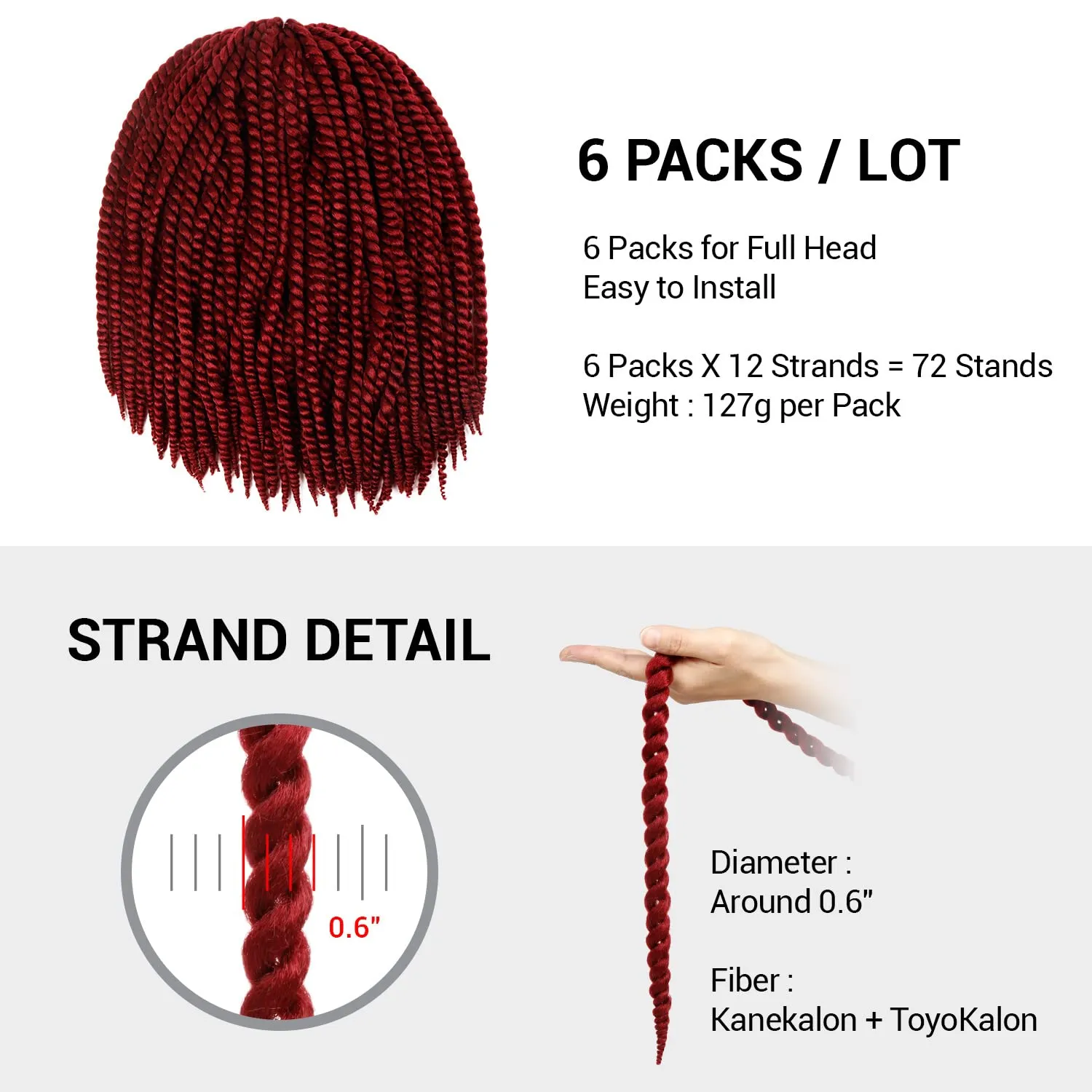 Jumbo Senegalese Twist Crochet Hair, 24 Inch, 4 Pack, Synthetic Extensions for Havana and Mambo Twist Styles, (BURG, Burgundy)