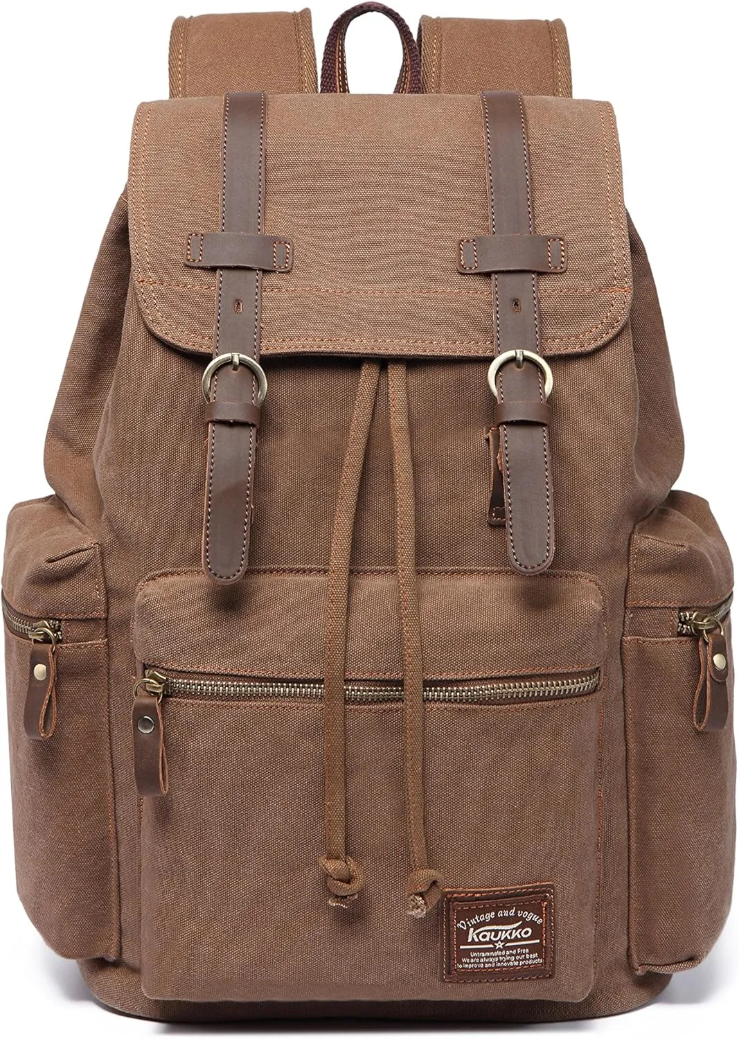 KAUKKO Vintage Casual Canvas and Leather Rucksack Backpack 19L,KHAKI