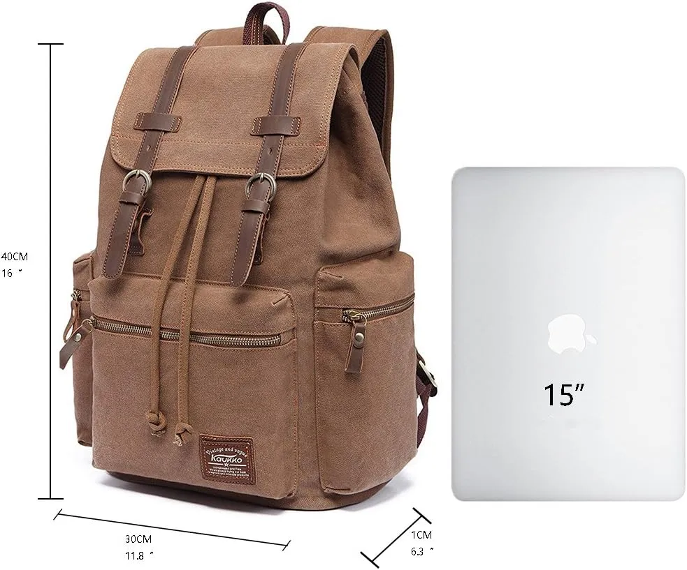 KAUKKO Vintage Casual Canvas and Leather Rucksack Backpack 19L,KHAKI