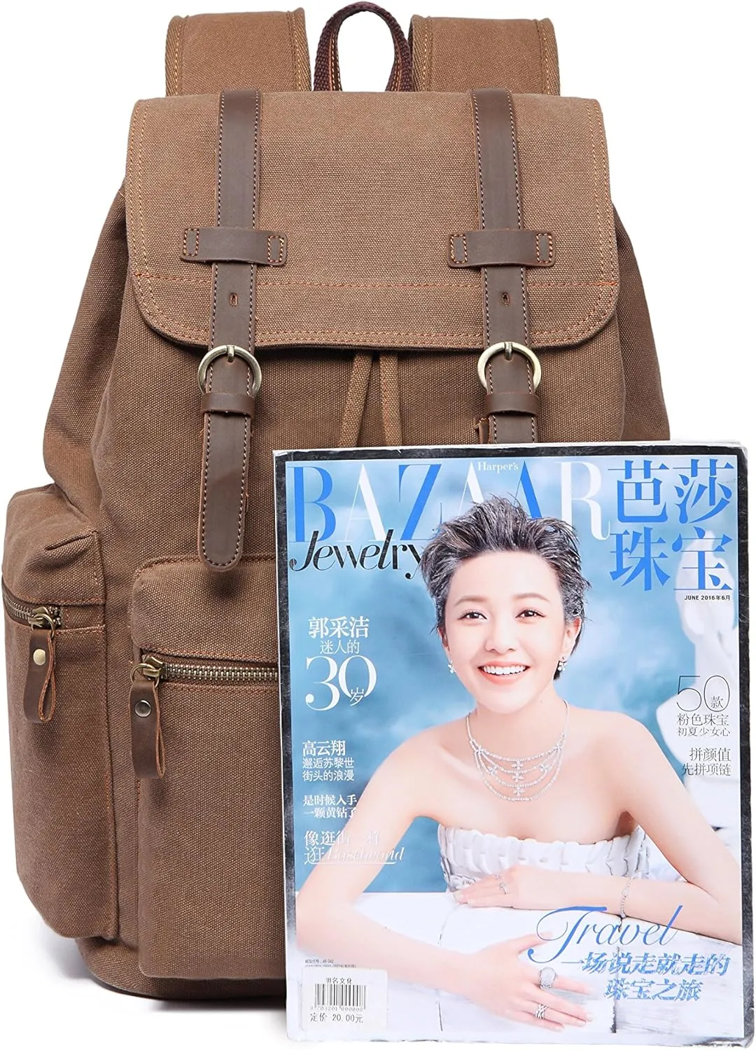 KAUKKO Vintage Casual Canvas and Leather Rucksack Backpack 19L,KHAKI