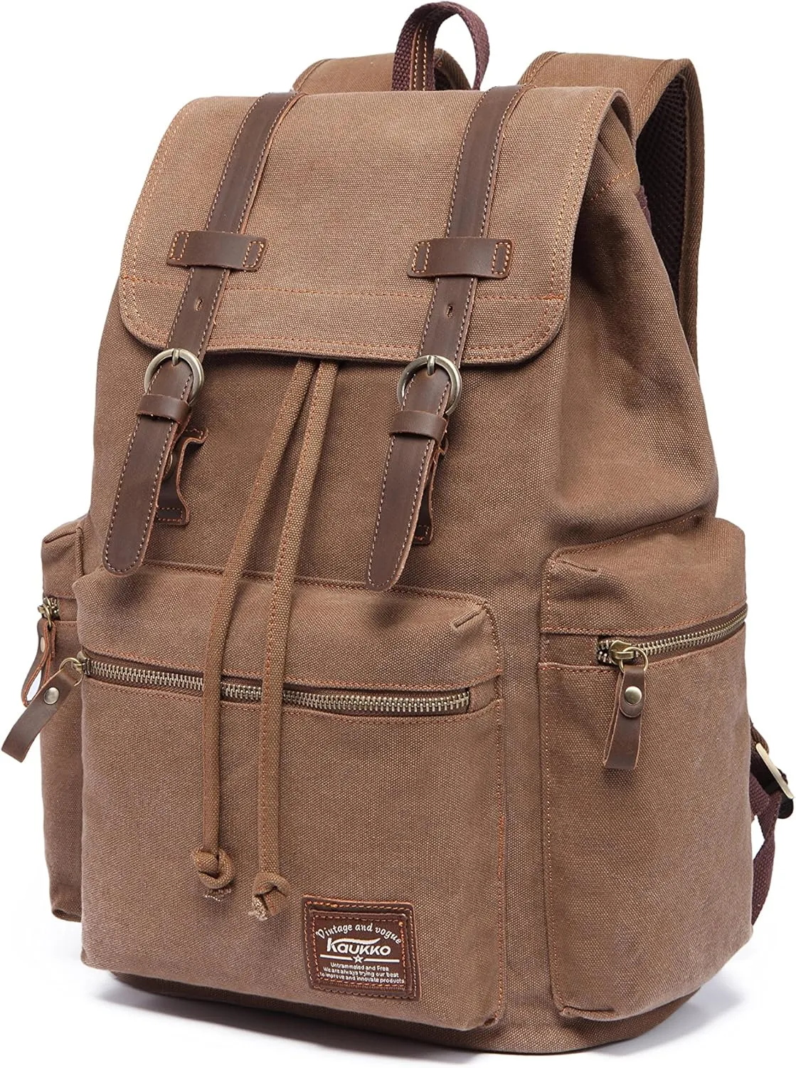 KAUKKO Vintage Casual Canvas and Leather Rucksack Backpack 19L,KHAKI