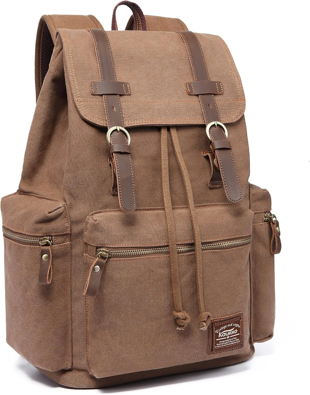 KAUKKO Vintage Casual Canvas and Leather Rucksack Backpack 19L,KHAKI