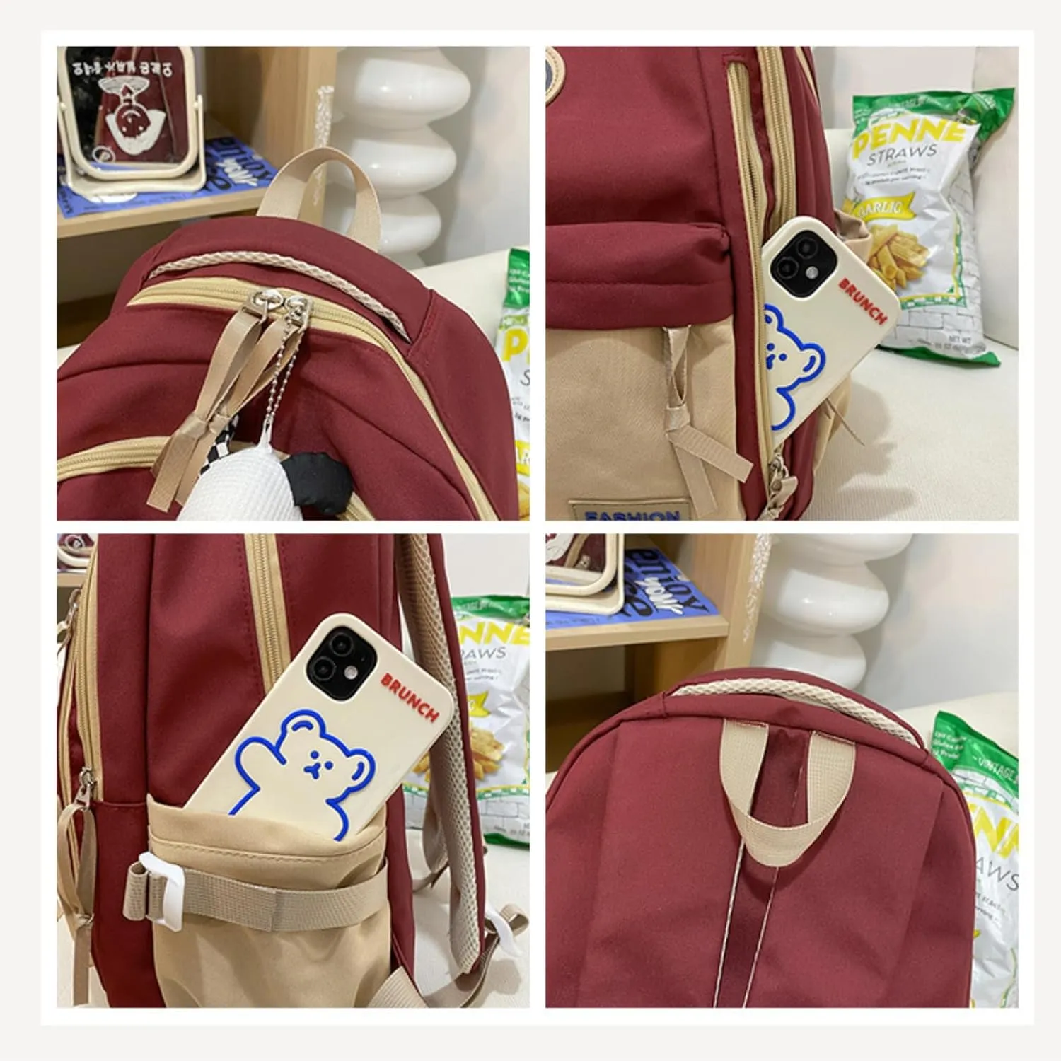 Kawaii Backpack with Cute Accessories Pendant Travel Casual Daypack Large Outdoor Laptop Bag Waterproof (Red)
