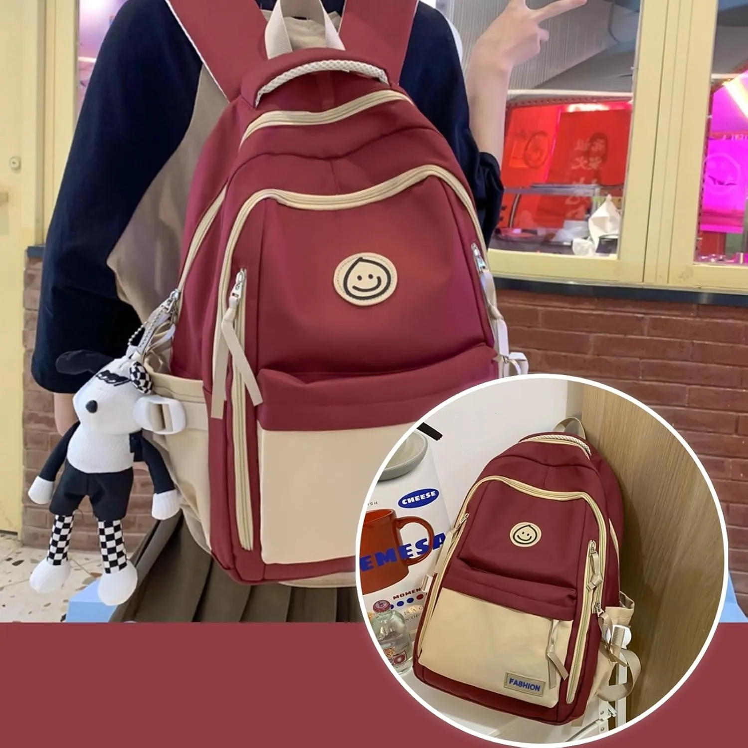 Kawaii Backpack with Cute Accessories Pendant Travel Casual Daypack Large Outdoor Laptop Bag Waterproof (Red)