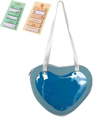 Kawaii Shoulder bag JK Heart-shaped Y2k Aesthetic Cute Large Capacity Lightweight Wear Resistant Makeup Bag with Sticky Notes (light blue)