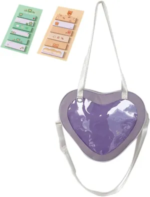 Kawaii Shoulder bag JK Heart-shaped Y2k Aesthetic Cute Large Capacity Lightweight Wear Resistant Makeup Bag with Sticky Notes (purple)