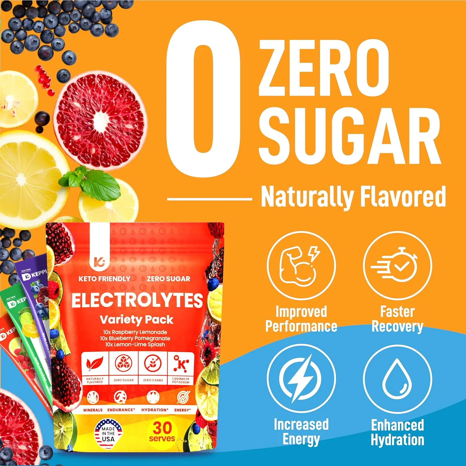 Keppi Keto Electrolytes Powder No Sugar - Made in USA - Advanced Hydration & Recovery - Raspberry Lemonade, Blueberry Pomegranate & Lemon Lime Flavors