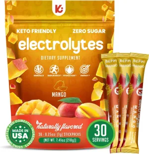 Keppi Mango Electrolytes Powder Packets – 30 Sugar Free Hydration Packets, Keto-Friendly Hydration Packets Perfect for Travel, Gym, and Everyday Refreshment