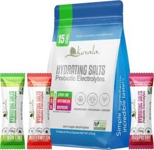 kevala Electrolytes Powder - Zero Sugar - Hydrating Salts with Prebiotic Agave Inulin - Variety Pack – Watermelon – Lemon Lime - Raspberry – 15 Count Hydration Packets – Powder Drink