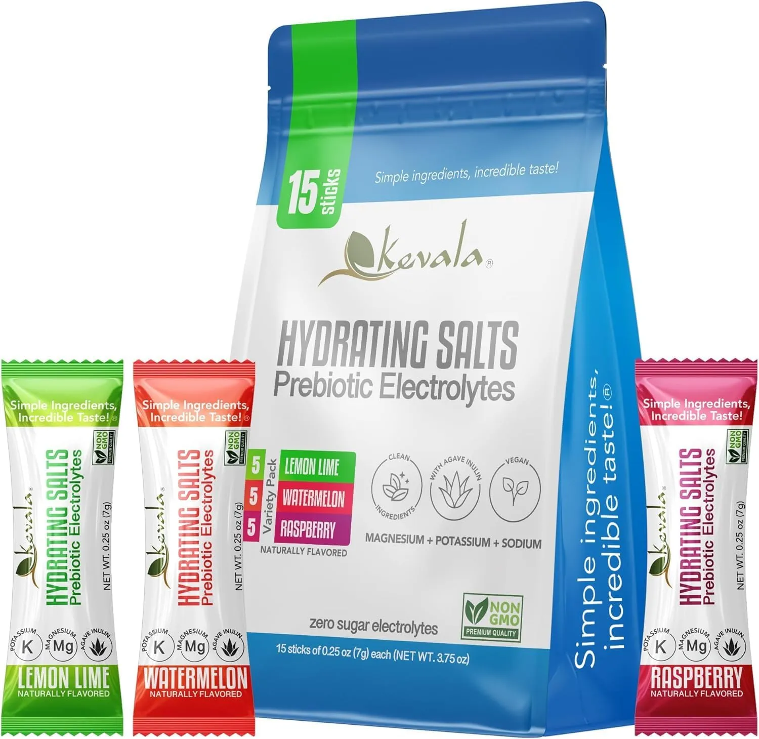 kevala Electrolytes Powder - Zero Sugar - Hydrating Salts with Prebiotic Agave Inulin - Variety Pack – Watermelon – Lemon Lime - Raspberry – 15 Count Hydration Packets – Powder Drink