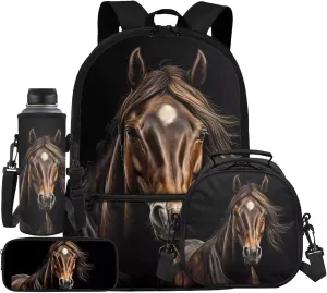 Kids Horse Backpack and Lunchbox for Girls 6-8, Animal School Bag with Lunch Bag Pencil Case Water Bottle Holder 17 Inches Bookbag Lunch Boxes for Primary Students, 4 Piece
