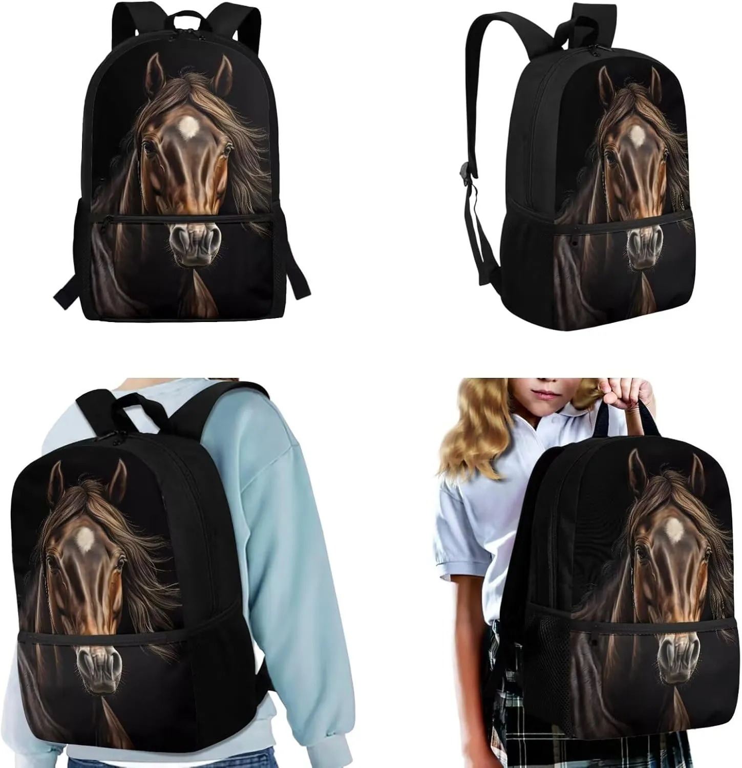 Kids Horse Backpack and Lunchbox for Girls 6-8, Animal School Bag with Lunch Bag Pencil Case Water Bottle Holder 17 Inches Bookbag Lunch Boxes for Primary Students, 4 Piece