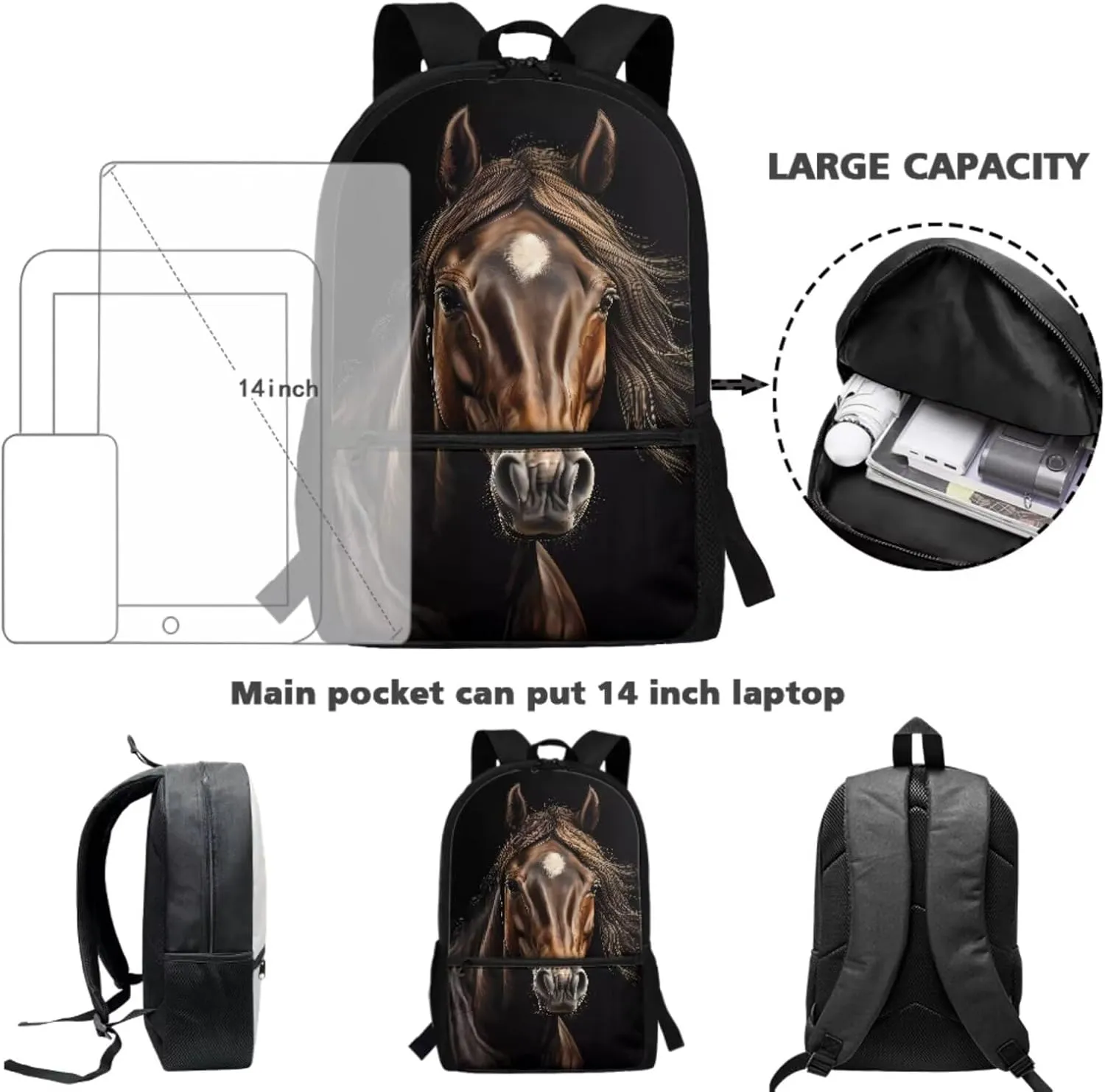 Kids Horse Backpack and Lunchbox for Girls 6-8, Animal School Bag with Lunch Bag Pencil Case Water Bottle Holder 17 Inches Bookbag Lunch Boxes for Primary Students, 4 Piece