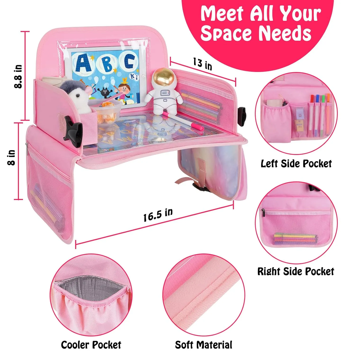 Kids Travel Tray, Car Seat Table Tray, Road Trip Essentials with Educational Drawing Board, Tablet Holder & Cooler Cup Holder, Travel Table for Kids Gifts in Car, Airplane, Multicoloured