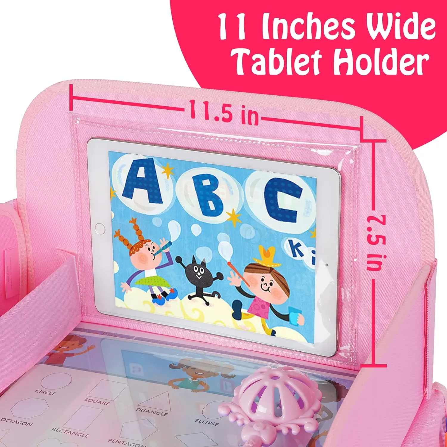 Kids Travel Tray, Car Seat Table Tray, Road Trip Essentials with Educational Drawing Board, Tablet Holder & Cooler Cup Holder, Travel Table for Kids Gifts in Car, Airplane, Multicoloured