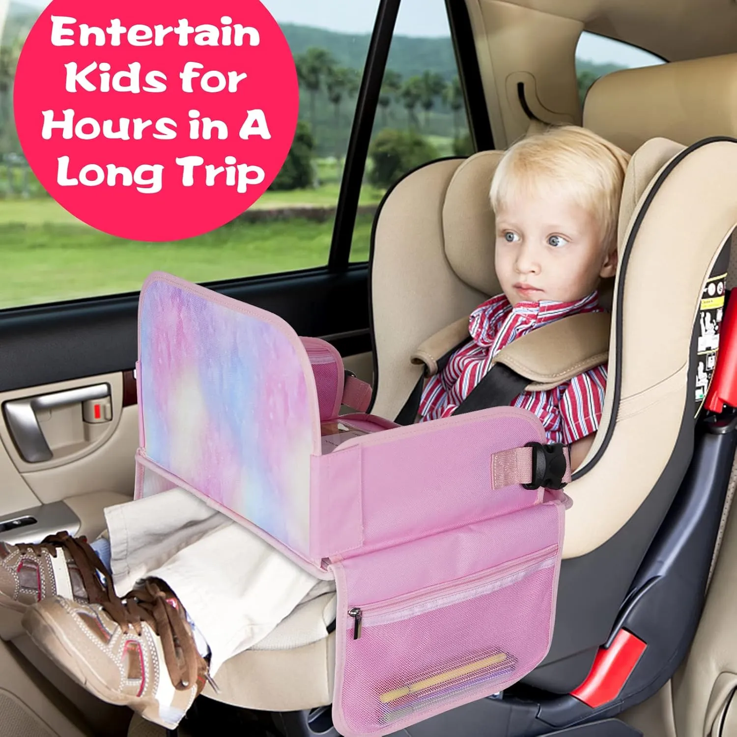 Kids Travel Tray, Car Seat Table Tray, Road Trip Essentials with Educational Drawing Board, Tablet Holder & Cooler Cup Holder, Travel Table for Kids Gifts in Car, Airplane, Multicoloured