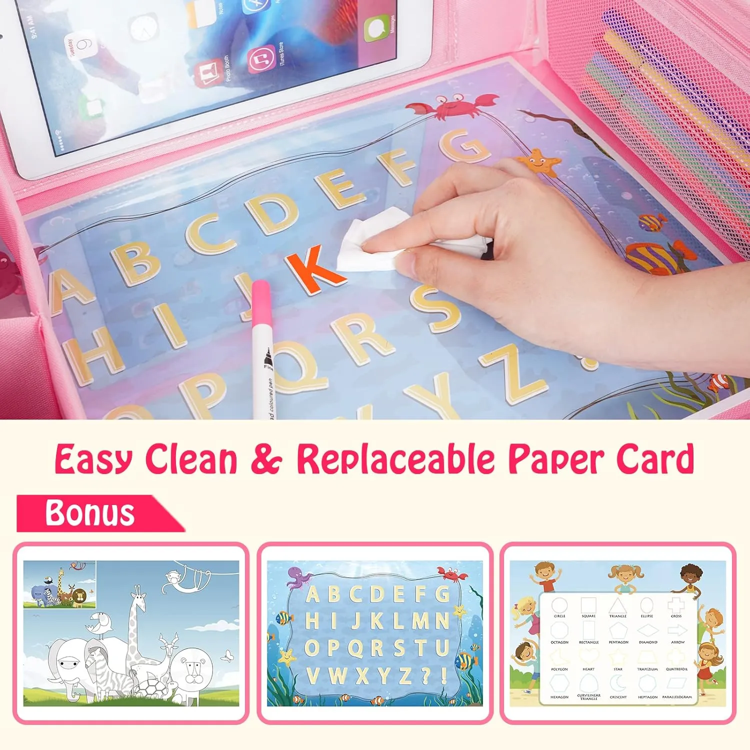 Kids Travel Tray, Car Seat Table Tray, Road Trip Essentials with Educational Drawing Board, Tablet Holder & Cooler Cup Holder, Travel Table for Kids Gifts in Car, Airplane, Multicoloured
