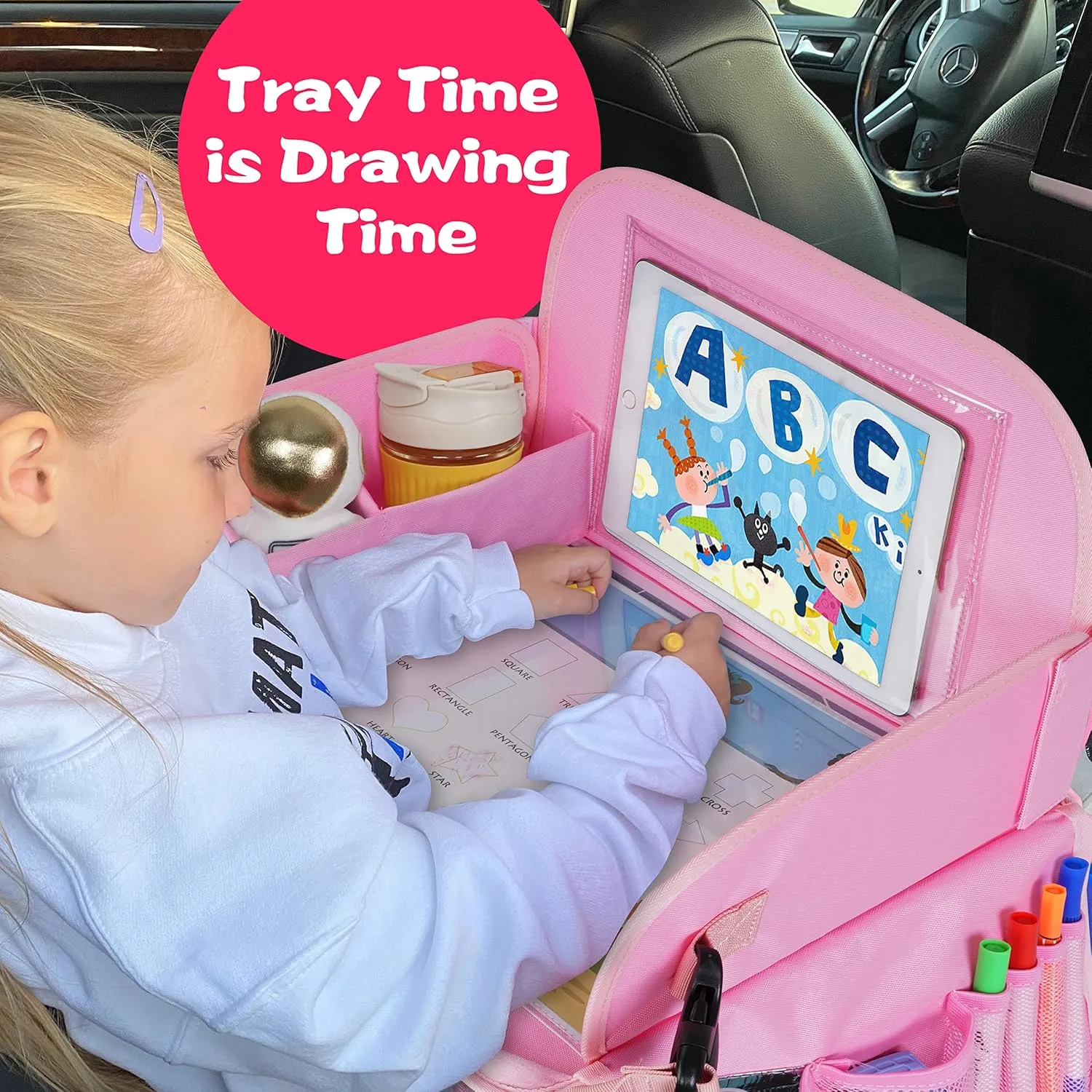 Kids Travel Tray, Car Seat Table Tray, Road Trip Essentials with Educational Drawing Board, Tablet Holder & Cooler Cup Holder, Travel Table for Kids Gifts in Car, Airplane, Multicoloured