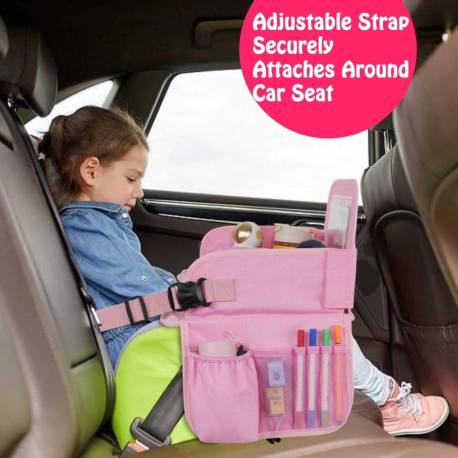 Kids Travel Tray, Car Seat Table Tray, Road Trip Essentials with Educational Drawing Board, Tablet Holder & Cooler Cup Holder, Travel Table for Kids Gifts in Car, Airplane, Multicoloured