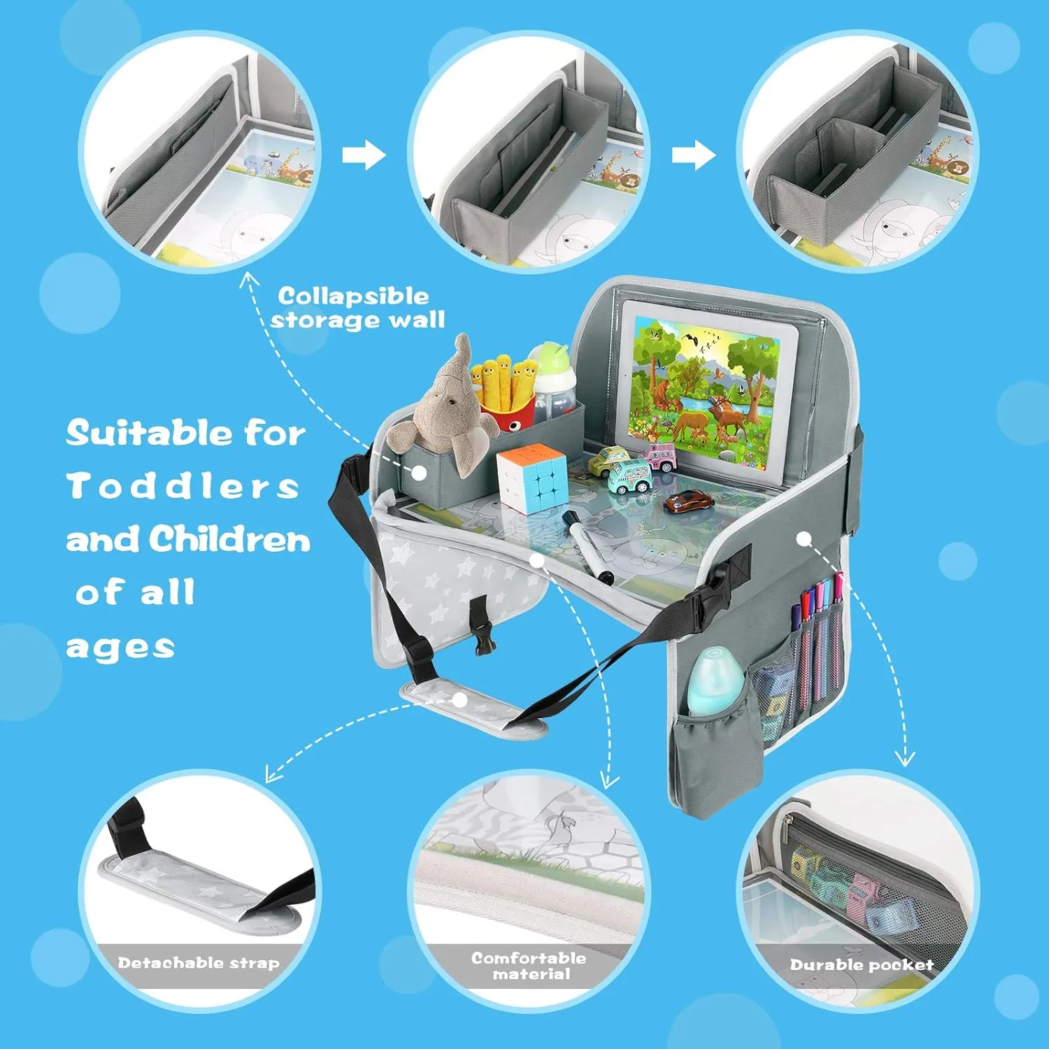 Kids Travel Tray Car Seat Tray for Boys or Girls Travel Gifts with Educational Drawing Board, Tablet Holder & Cooler Cup Holder, Road Trip Essentials for Car Trip, Airplane, Grey