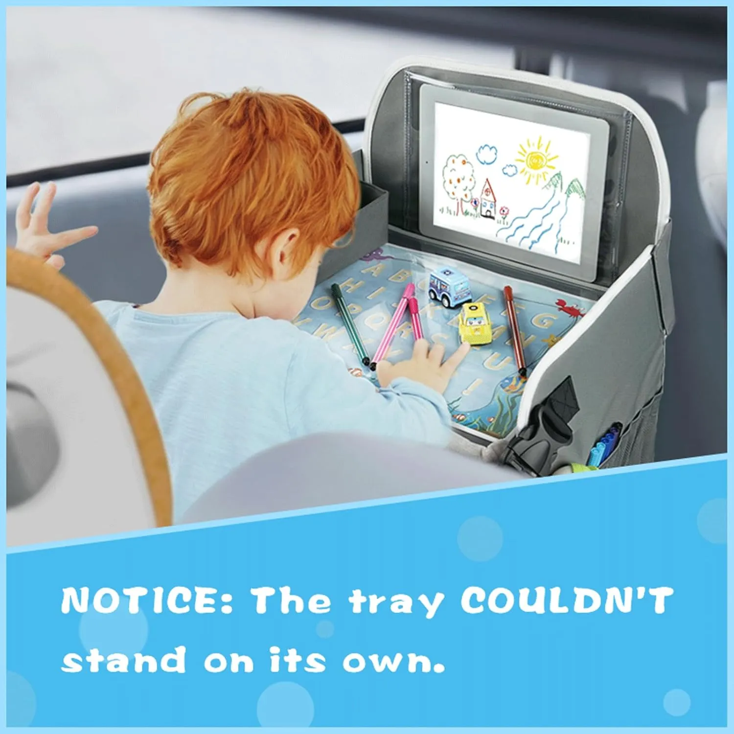 Kids Travel Tray Car Seat Tray for Boys or Girls Travel Gifts with Educational Drawing Board, Tablet Holder & Cooler Cup Holder, Road Trip Essentials for Car Trip, Airplane, Grey