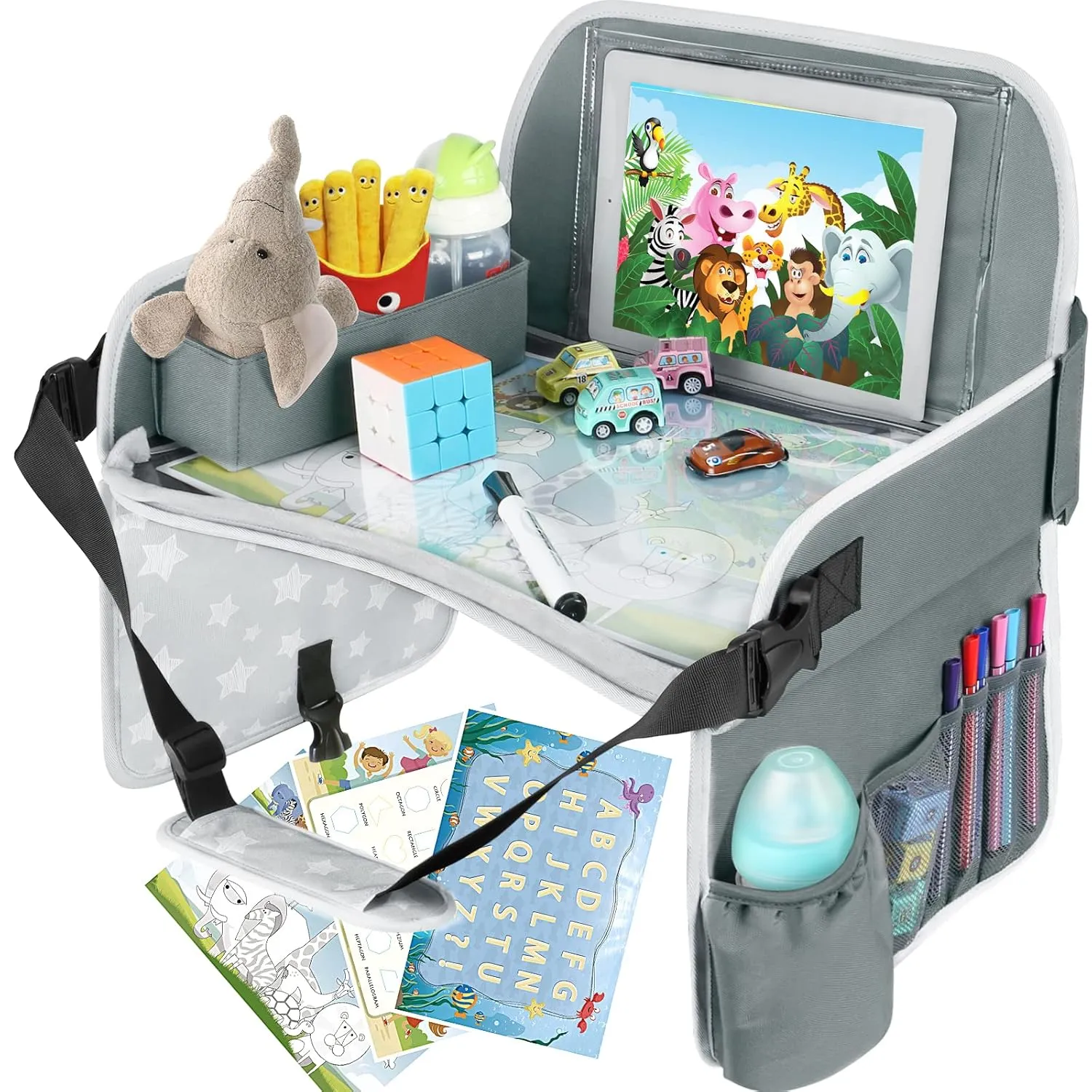 Kids Travel Tray Car Seat Tray for Boys or Girls Travel Gifts with Educational Drawing Board, Tablet Holder & Cooler Cup Holder, Road Trip Essentials for Car Trip, Airplane, Grey