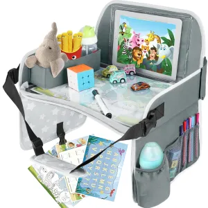 Kids Travel Tray Car Seat Tray for Boys or Girls Travel Gifts with Educational Drawing Board, Tablet Holder & Cooler Cup Holder, Road Trip Essentials for Car Trip, Airplane, Grey