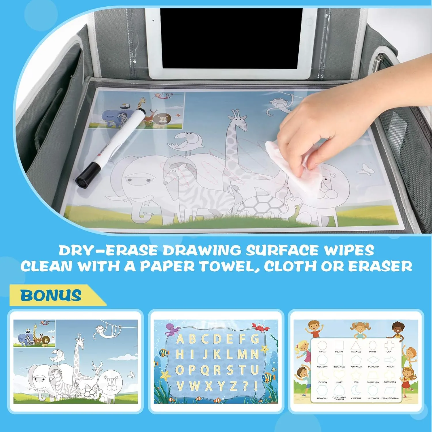 Kids Travel Tray Car Seat Tray for Boys or Girls Travel Gifts with Educational Drawing Board, Tablet Holder & Cooler Cup Holder, Road Trip Essentials for Car Trip, Airplane, Grey