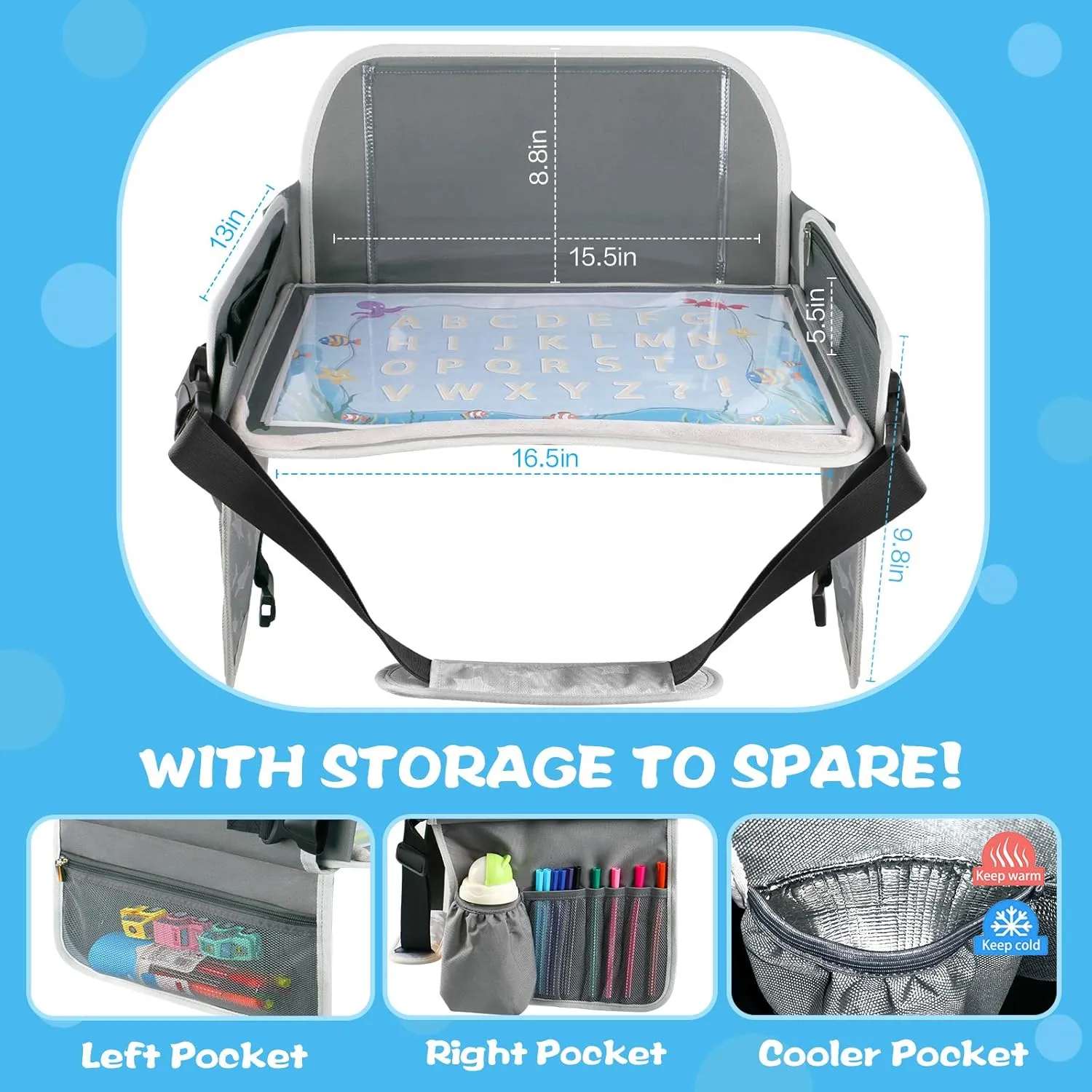 Kids Travel Tray Car Seat Tray for Boys or Girls Travel Gifts with Educational Drawing Board, Tablet Holder & Cooler Cup Holder, Road Trip Essentials for Car Trip, Airplane, Grey