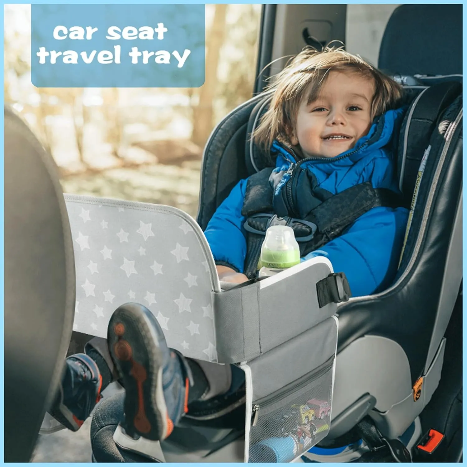 Kids Travel Tray Car Seat Tray for Boys or Girls Travel Gifts with Educational Drawing Board, Tablet Holder & Cooler Cup Holder, Road Trip Essentials for Car Trip, Airplane, Grey